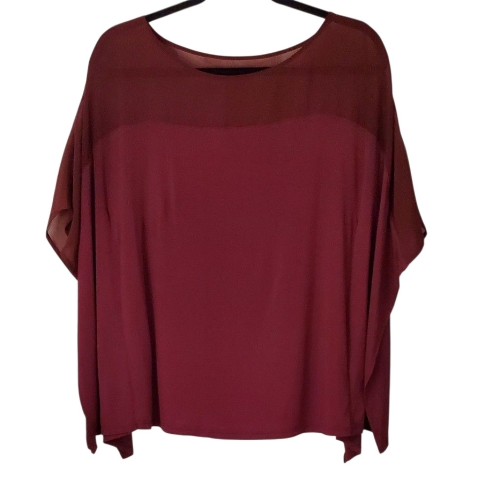 White House Black Market Burgundy Sheer Poncho Sleeve Boat Neck Blouse Size S - Picture 3 of 6